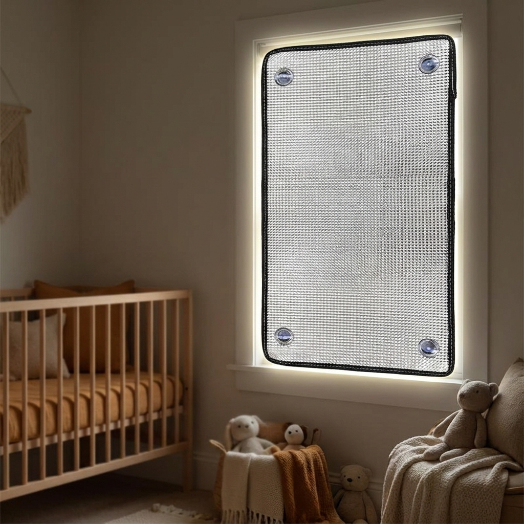Foil insulation panel darkening a nursery window for a daytime nap