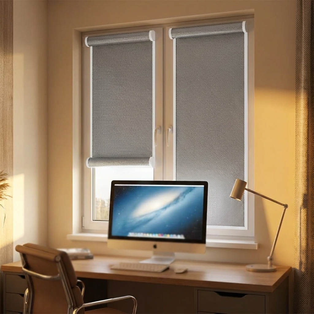 Thermal window shade cutting screen glare above a home-office desk