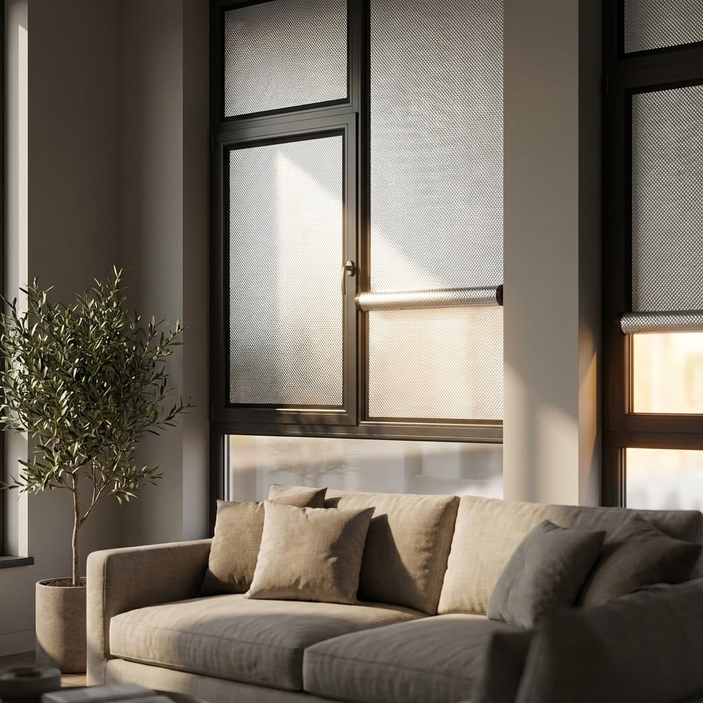 Thermal window shade cooling a south-facing living room on a hot afternoon