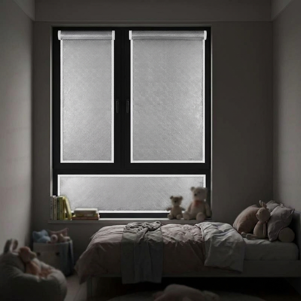 Thermal window shade darkening a child's bedroom for a daytime nap