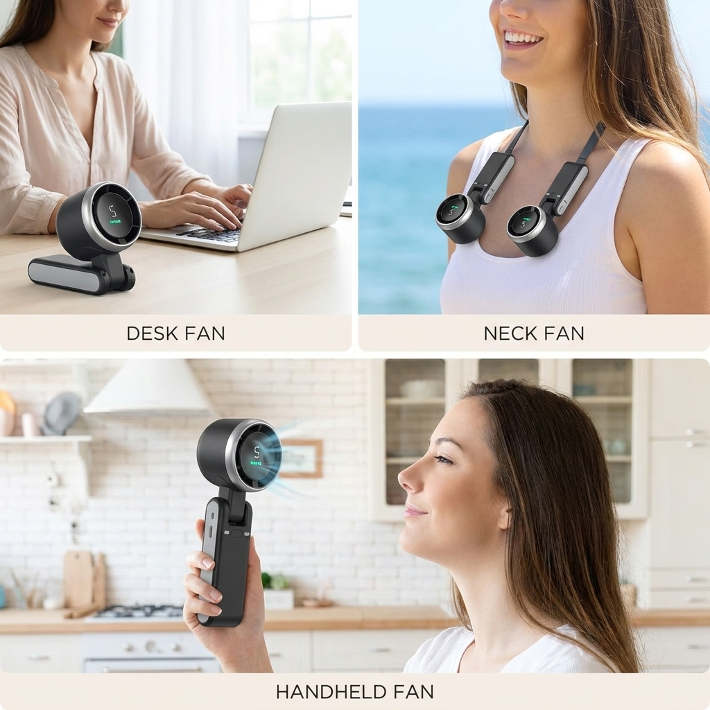 3-in-1 travel fan used three ways: desk fan, neck fan and handheld fan