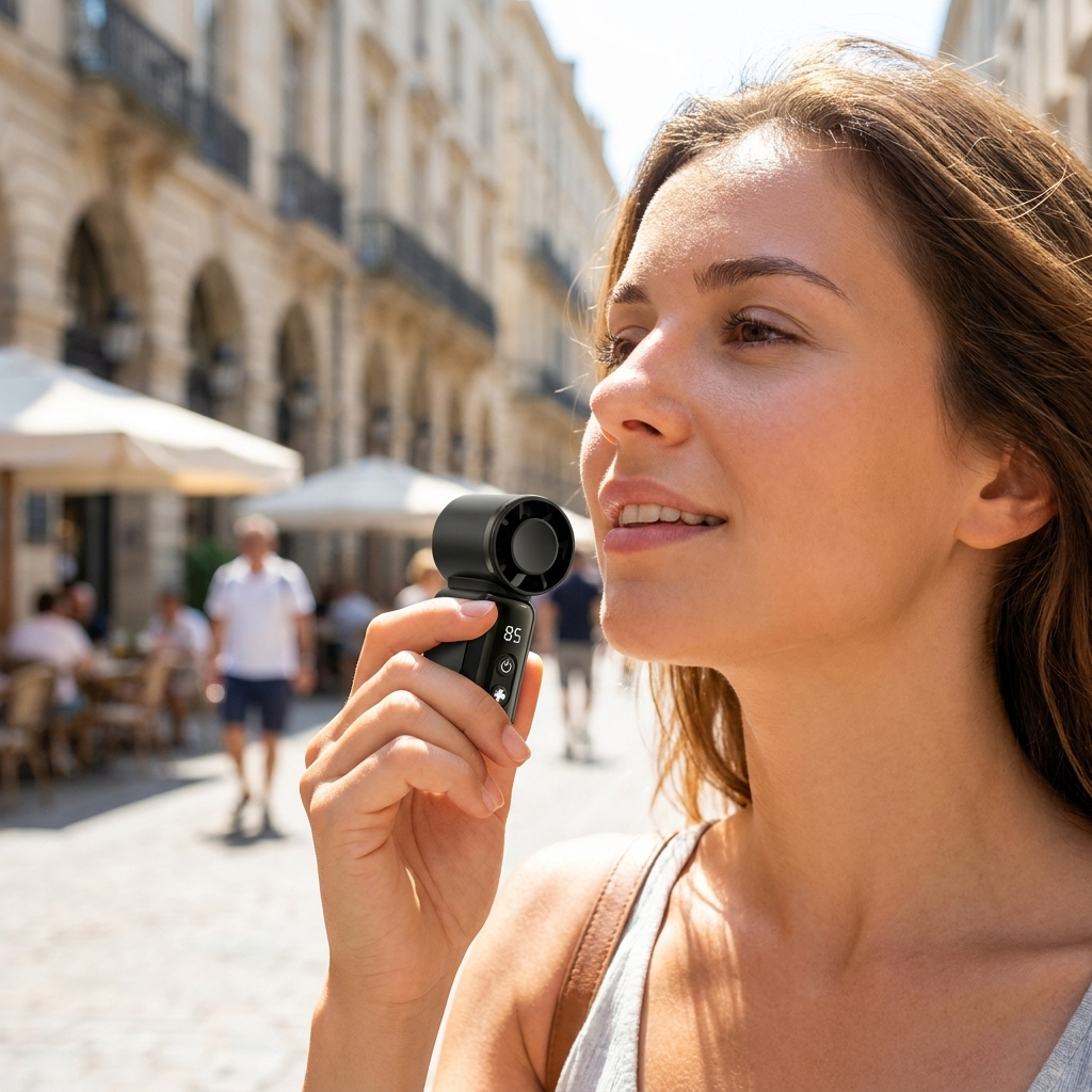 Mini pocket turbine fan held between two fingers on a city street, showing how small it is