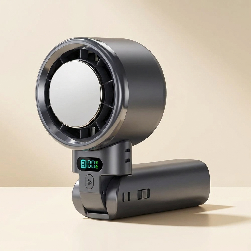Handheld fan folded into its desk stand position, handle hinged flat as a base with the turbine head upright