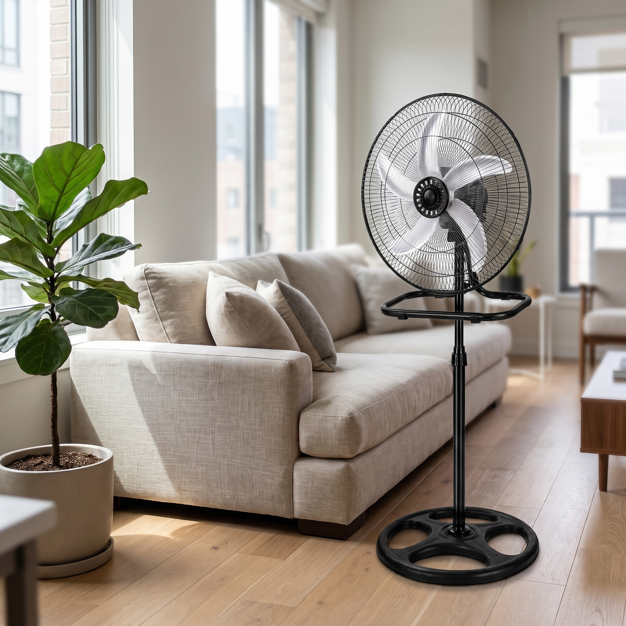 3-in-1 Industrial Metal Standing Fan – Black in living room