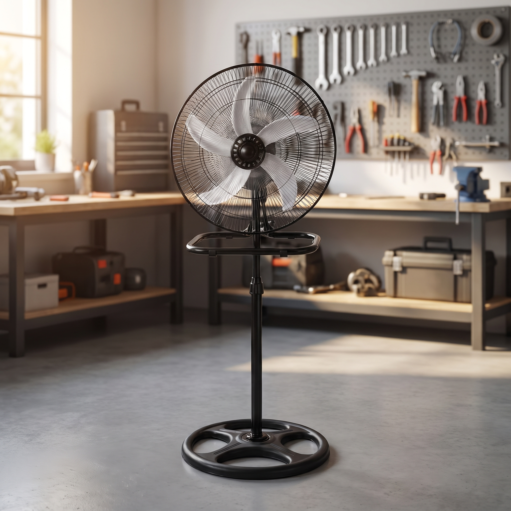 3-in-1 Industrial Metal Standing Fan – Black in garage