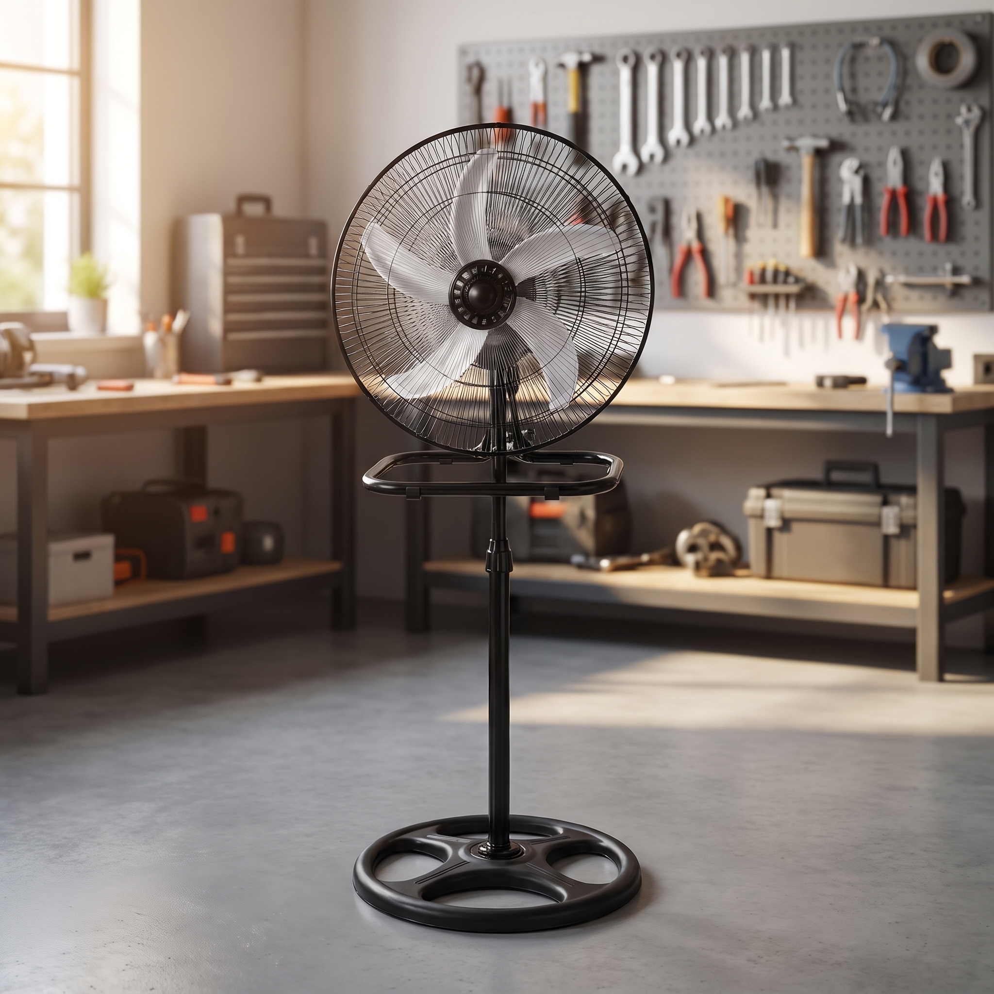 3-in-1 Industrial Metal Standing Fan – Black in garage