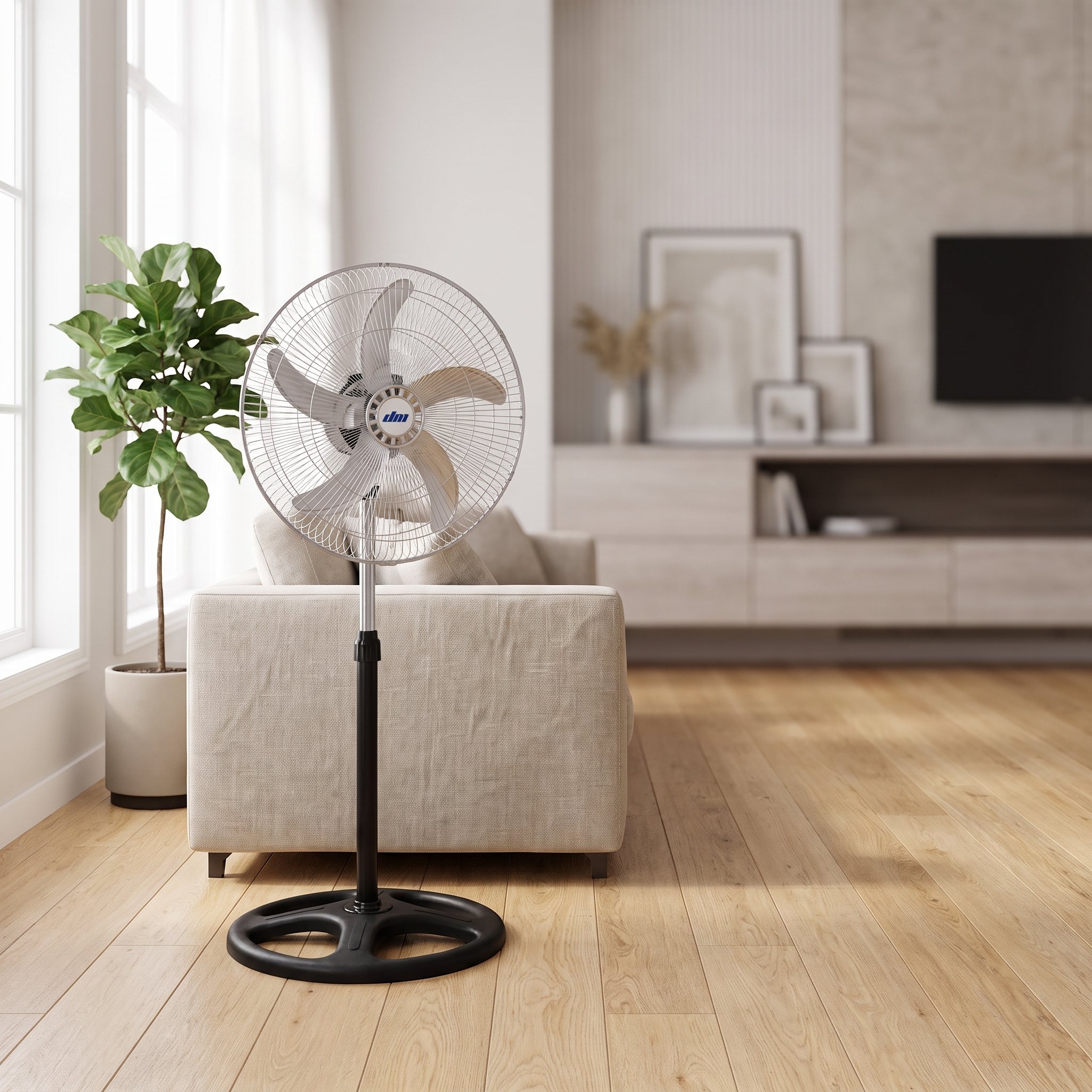 3-in-1 Industrial Metal Standing Fan – Silver in living room