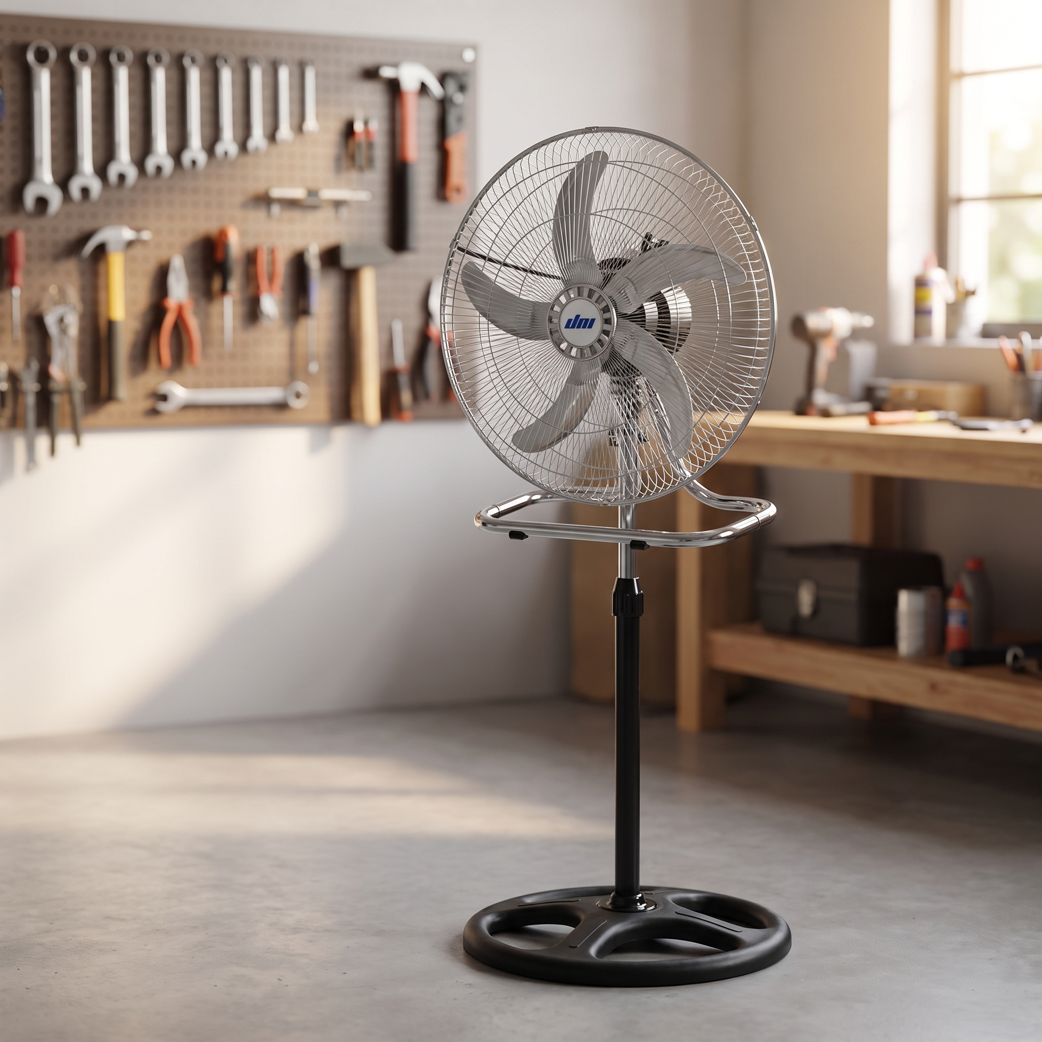 3-in-1 Industrial Metal Standing Fan – Silver in garage