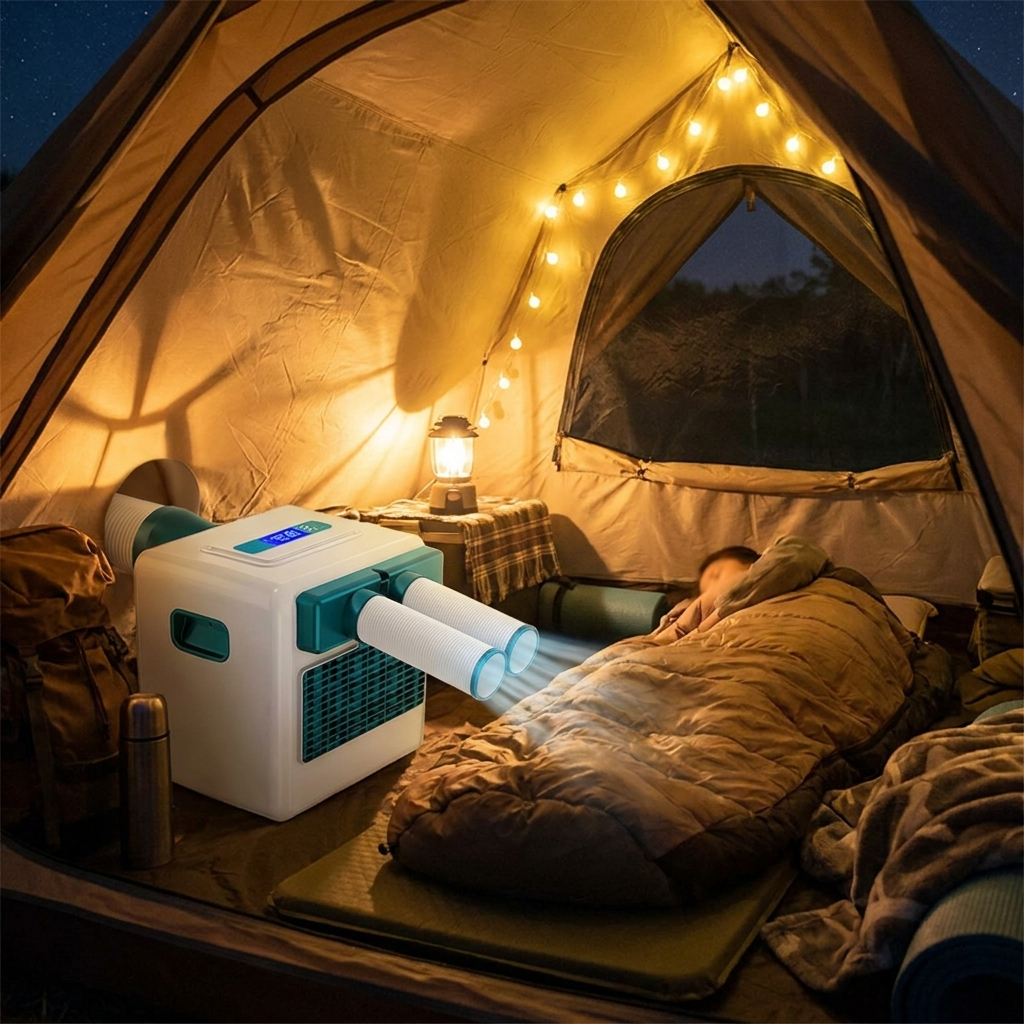 Compact Compressor Mini Air Conditioner in a camping tent