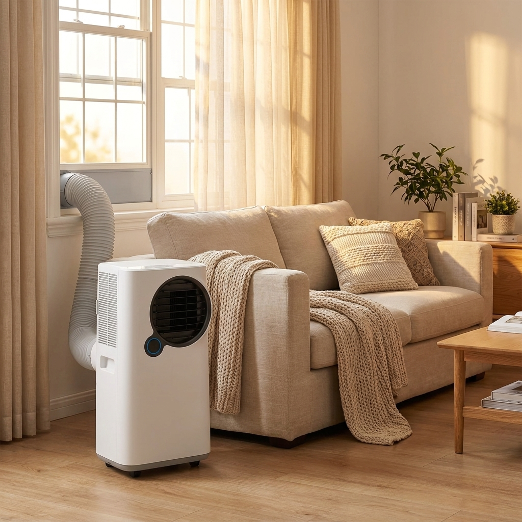 9,000 BTU Single-Hose Smart Portable Air Conditioner in living room