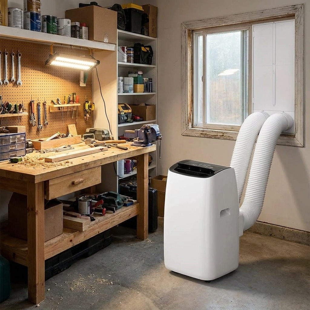 12,000 BTU Dual-Hose Wi-Fi Portable Air Conditioner in garage workshop