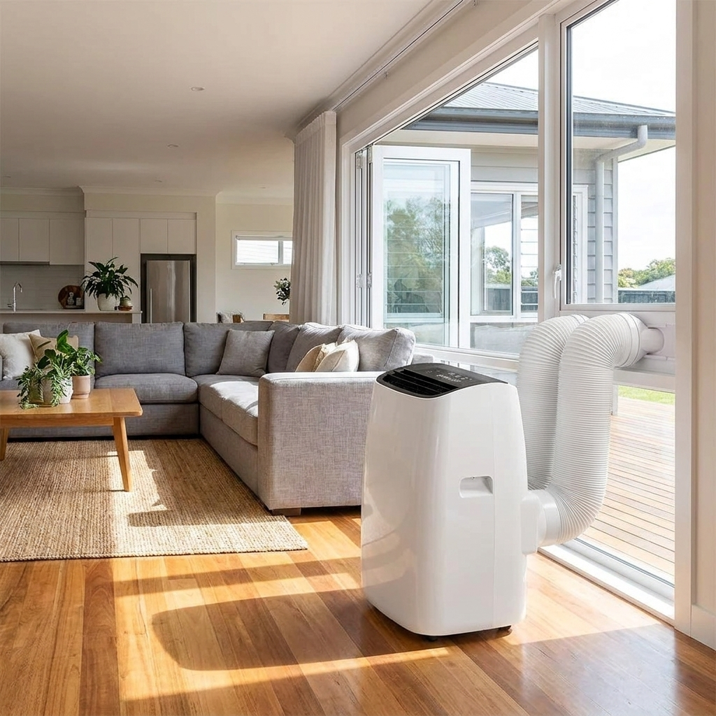 12,000 BTU Dual-Hose Wi-Fi Portable Air Conditioner in open-plan lounge