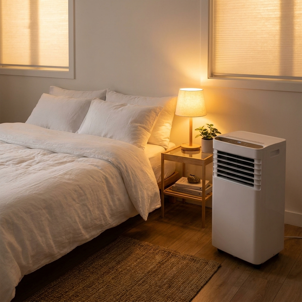 8,000 BTU portable air conditioner in an apartment bedroom